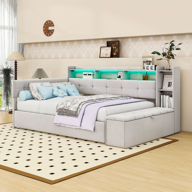 Upholstered Daybed with Trundle, Charging Station and LED, Beige, Full