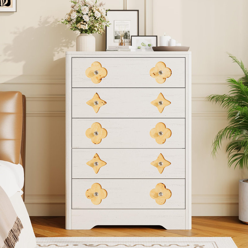 46.1" Tall 5 Drawer Wood Dresser with Decorative Fronts & Crystal Knobs, Narrow Storage Chest, White