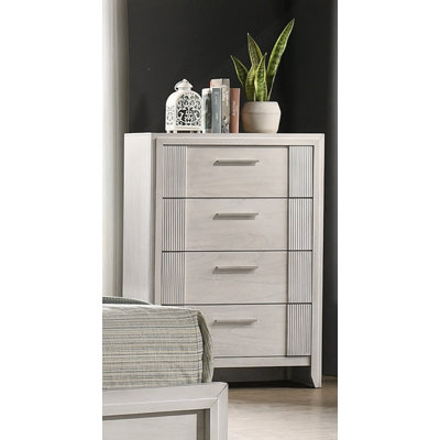 1Pc Contemporary 4-Drawer Tall Storage Chest Mist White Finish Wooden Furniture