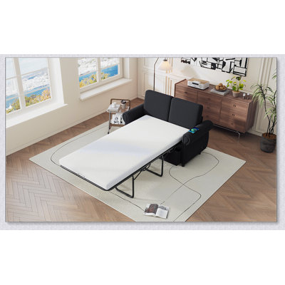 57.9 Inch Orisfur Pull Out Sofa Bed Loveseat with Twin Memory Foam Mattress and USB Ports for Living Rooms, Black