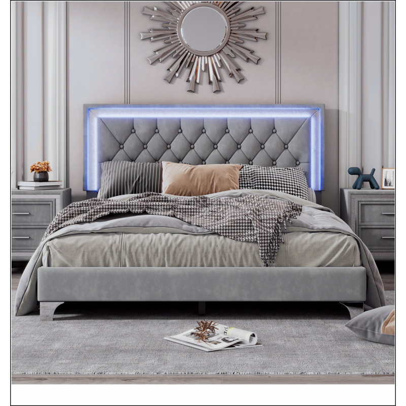 Structure de lit tapissier avec lumières DEL, lit plateforme moderne en velours avec tête de lit capitonnée en cristal, Rose