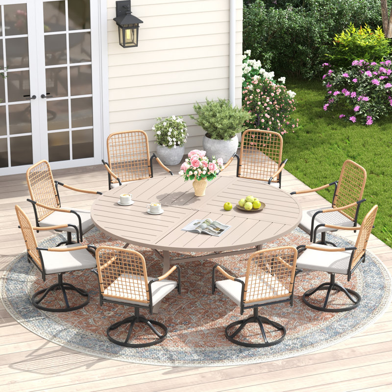 8-Person 60" Patio Dining Set With Cushioned Swivel Woven Rattan Chairs, Sandshell