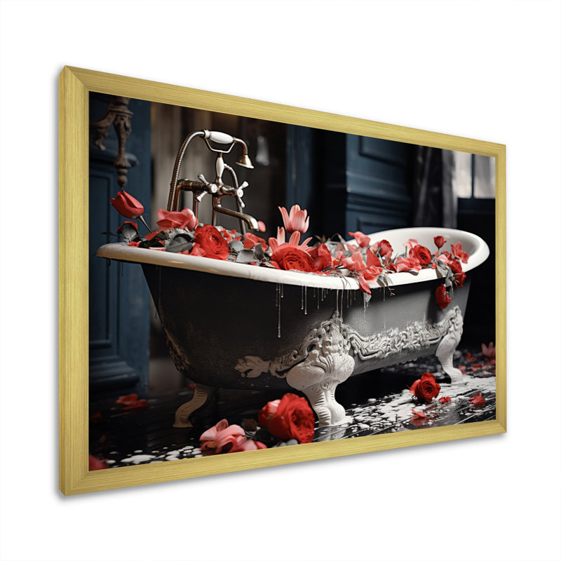 Red Floral Bath II - Laundry Art mural, H 12 po x l 20 po x P 1 po, Cadre doré simple