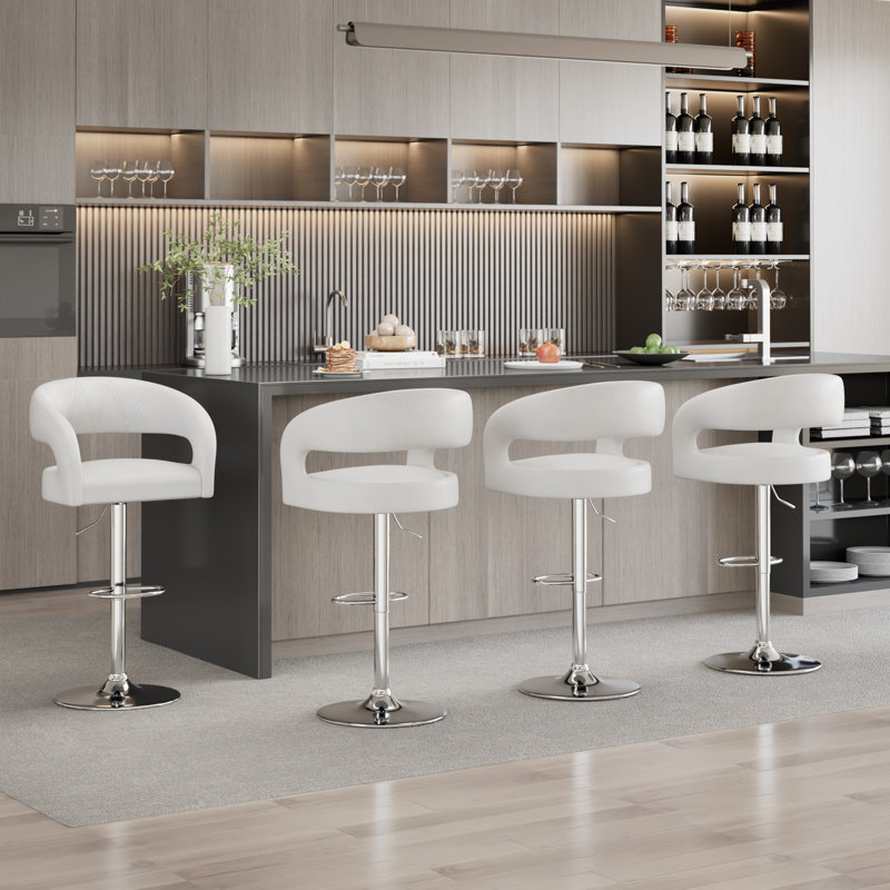 Ensemble de 4 tabourets de bar réglables George avec accoudoirs à dossier George, tabourets de comptoir pivotants en cuir de polyuréthane moderne avec repose-pieds, chaises d'îlot de cuisine pour la salle à manger, bar maison, café, blanc