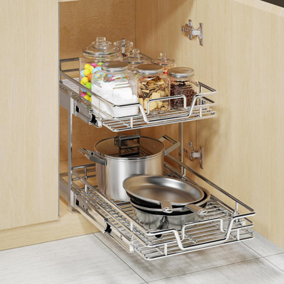 2-Tier Pull Out Kitchen Cabinet Shelf - Slide Out Drawer Organizer, Pantry Storage Basket (14" W x 21" D)