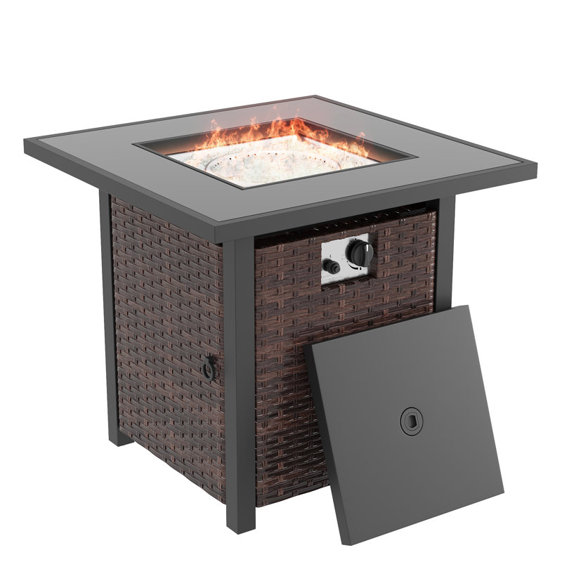 28'' Propane Gas Fire Pit Table with PE Rattan, Hidden Fuel Tank Storage & Lid for Patio CSA-Listed Outdoor Fire Pit Table with Fire Glass Beads