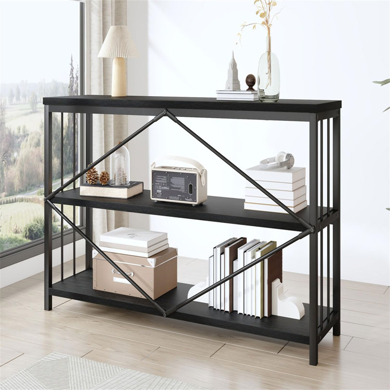 Metal Bookcase, (2 Shelves) 74cm. H x 120cm. W x 3cm. D, Black