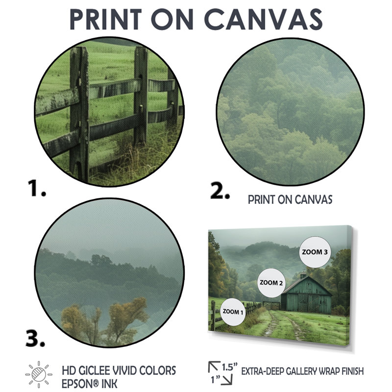 Green Summer Barn Farming Heritage - Art mural de grange, Toile argentée avec cadre flottant, H 28 po x l 60 po x P 1,5 po