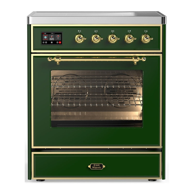 Cuisinière à induction ILVE Majestic III Series 30 po avec 4 éléments à induction (porte en verre), Vert émeraude, Laiton