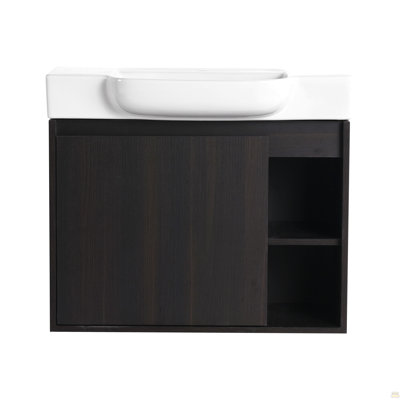 Meuble-lavabo mural 28 po avec lavabo en céramique blanche et porte à fermeture en douceur, emballage KD, chêne foncé