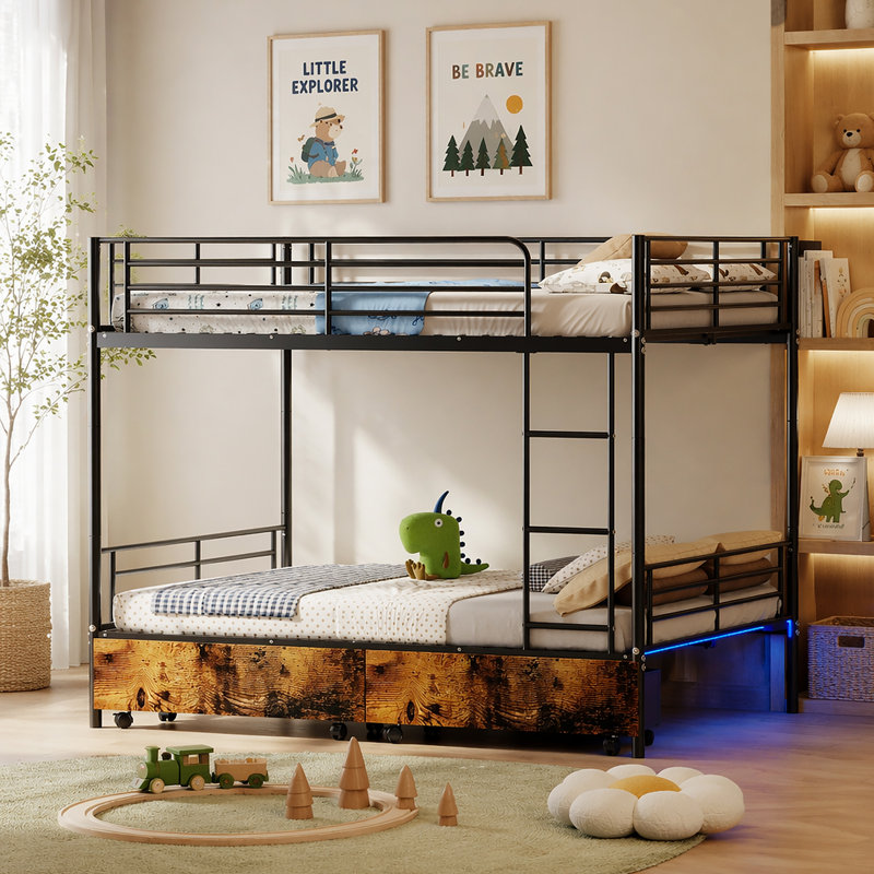 Lit superposé avec échelle et garde-corps haut, capable de se diviser, lit superposé en métal, espace de rangement, silencieux, taille simple sur simple, noir