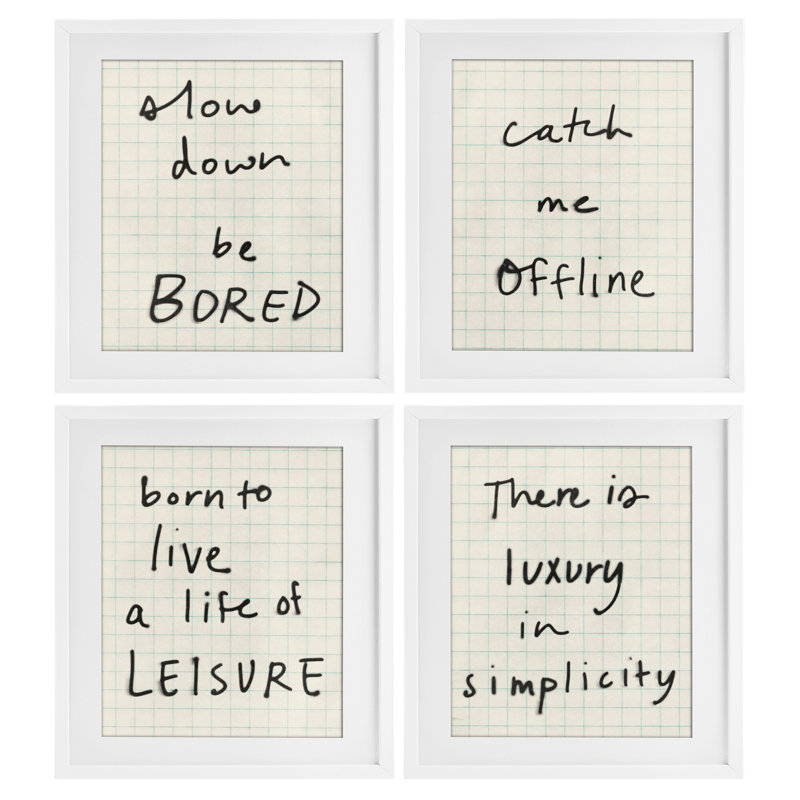 «Bored Scrawl Sayings», ensemble de 4 impressions encadrées sous verre, design par Victoria Barnes, H 21 po x l 17 po