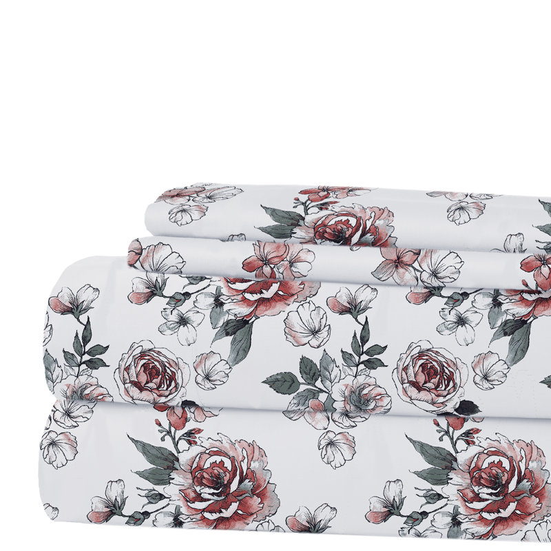 Ensemble de draps en microfibre 4 pièces Modern, King Sheet Set with 2 Pillowcases, Rose Bloom Floral