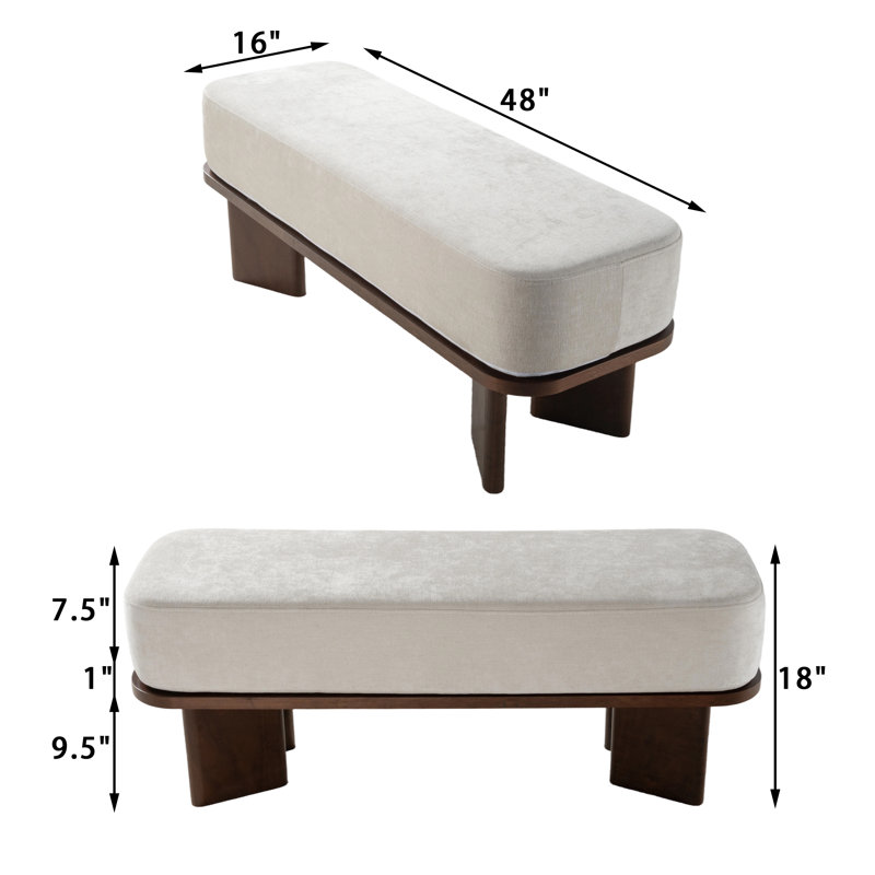 Banc rembourré moderne en chenille de 48 po avec pieds en bois massif Caia, Noyer