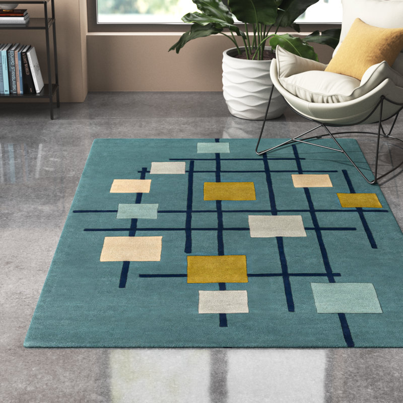 Tapis en laine touffeté à la main à motif géométrique Ayeln, Rectangle 4pi x 6 pi