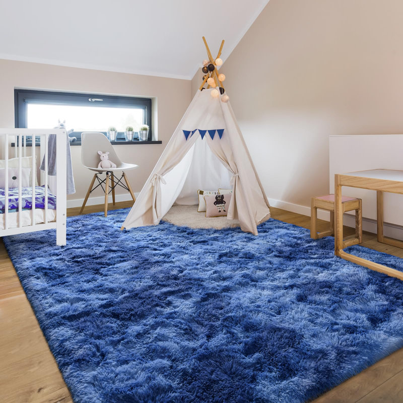 Tapis à poil long Antonije Tie Dye, Rectangulaire 8 pi x 10 pi, Bleu