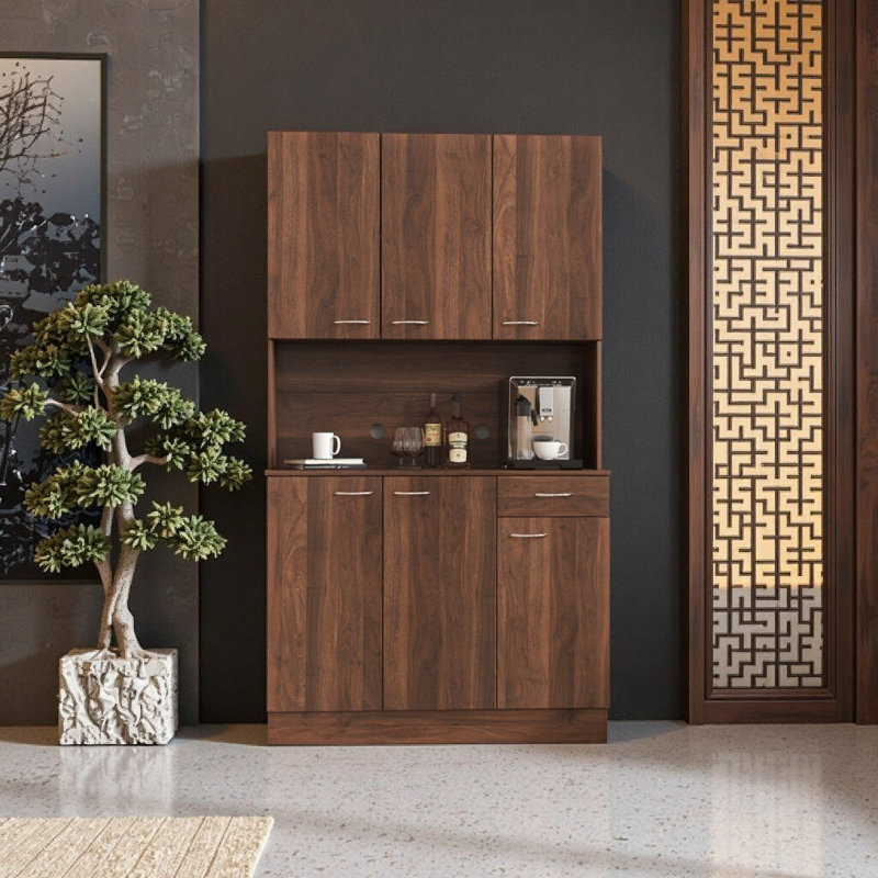 70.87" Tall Walnut Finish Wardrobe & Storage Cabinet - 6 Doors, Drawer & Open Shelf for Bedroom or Kitchen