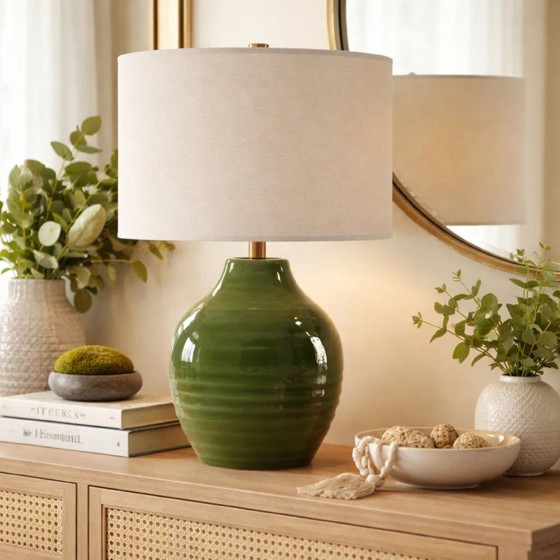 Lampe de table, abat-jour en céramique texturée vert et lin beige, 23 po