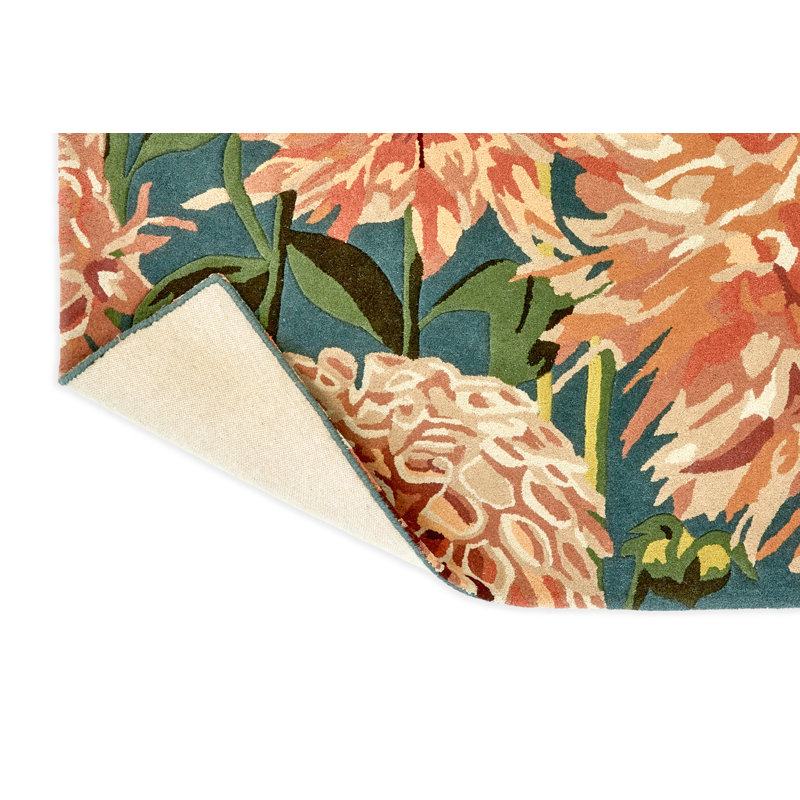 Wool Floral Area Rug in Green/Blue/Light Orange, Rectangle 4'7" x 6'7"