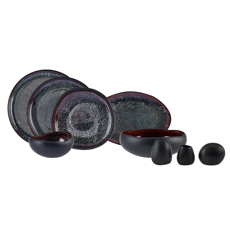 Karaca Streamline New Galactic 59-Piece Reactive Glaze Dinner Set for 12 People, Black