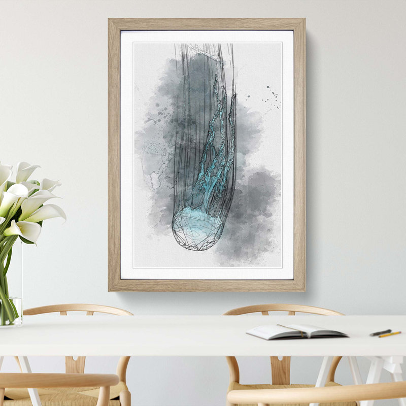 Neon Blue Jellyfish Abstract Art - Framed Print, 48cm H x 36cm W x 2cm D, Oak Framed