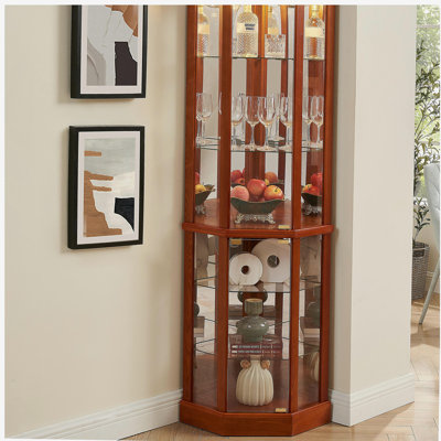 Glass Cabinet Lighted Corner Cabinet Corner Display Curio Cabinet, Glass Display With Light(Included)Bar Cabinet,Wine Cabinet with Adjustable Glass Shelves Carved Decoration OAK Light(Included)