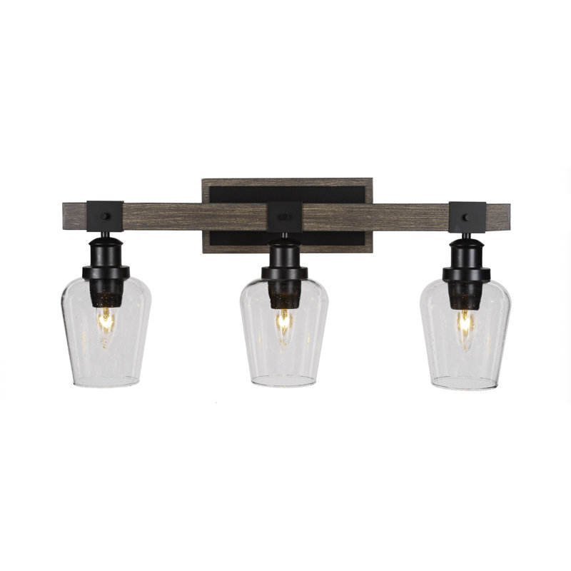 Cauley 3 Light Bath Bar Shown In Matte Black & Painted Distressed Wood-look Metal With 5” Clear Bubble Glass