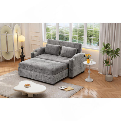 61.6" Pull Out Sofa Bed Modern Chenille Convertible Loveseat Sofa With Adjsutable Backrest, 2 Pillows, Cup Holders, USB Ports For Living Room, Apartment