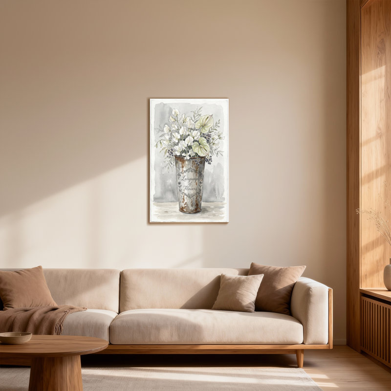 «Plants & Flowers White Flowers In Rustic Vase», reproduction d'art
