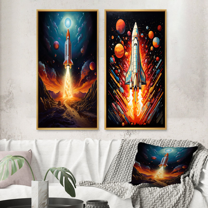 «Rocketship Stellar Voyage», 2 pièces, Encadrement doré, H 40 po x l 40 po