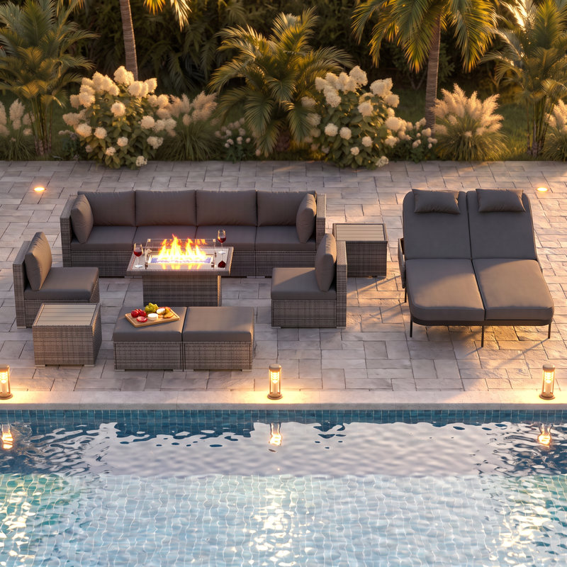 Deep Seating Outdoor Conversation Sectional Furniture Set With Fire Pit And Double Chaise Lounge, Dark Gray, Double Chaise