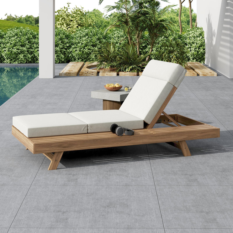 Porter Patio Acacia Wood Chaise Lounge with Adjustable Back & Tri-Fold Headrest Cushion, Cream Cushion/Light Brown Frame