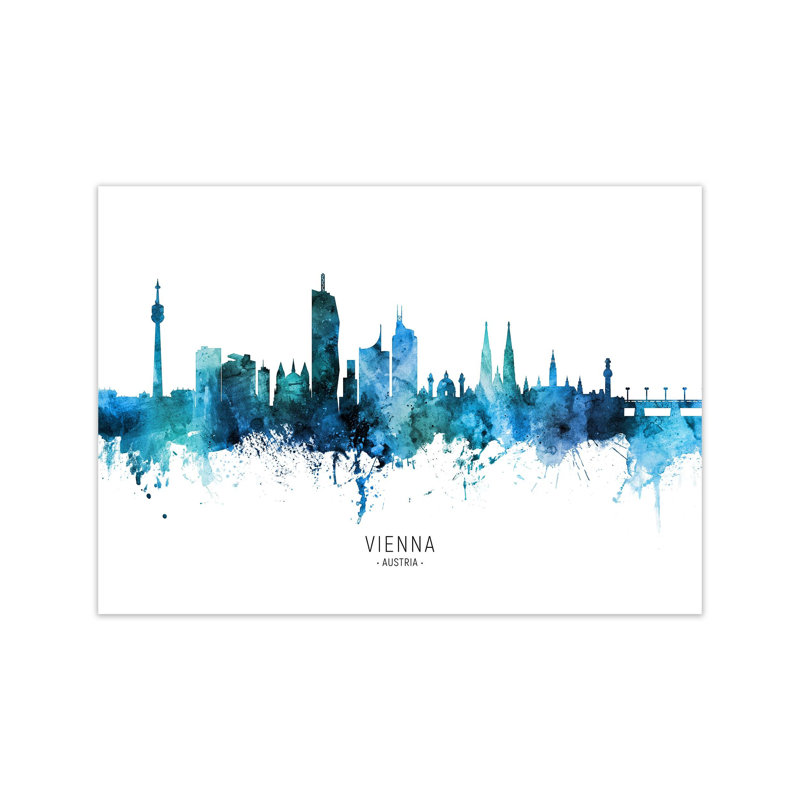 Vienna Austria Skyline Blue City Name by Michael Tompsett - Print, 60cm H x 84cm W x 1cm D, Unframed