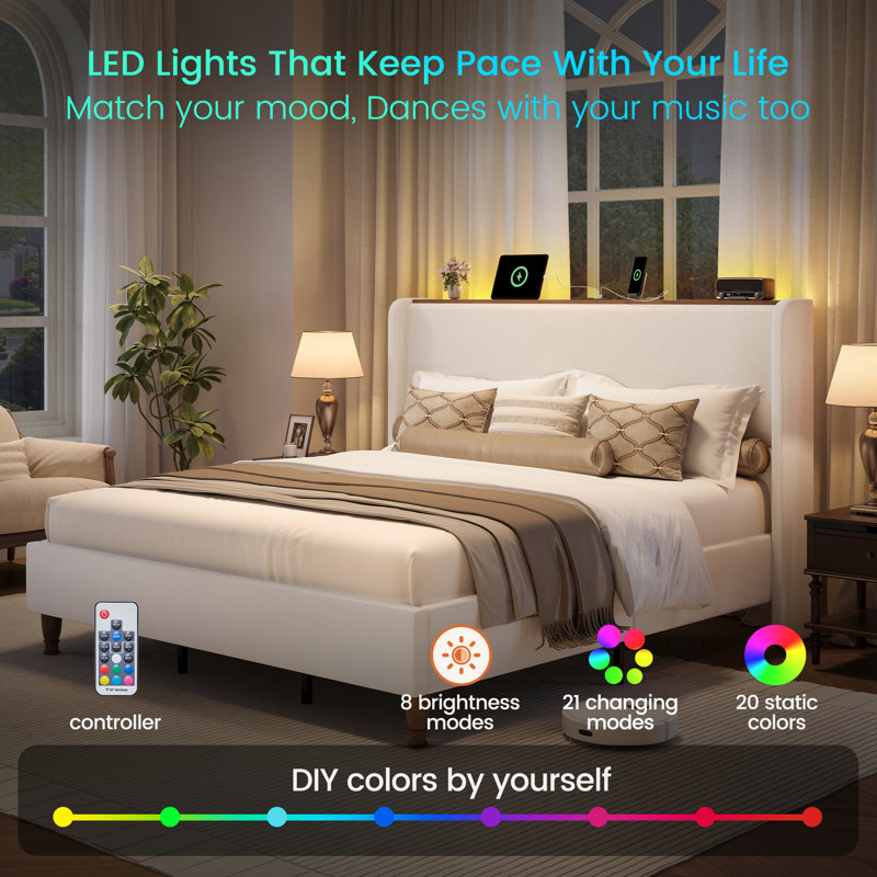 Upholstered Platform Bed With Led Lights & Charging Station, Beige, Queen, Beige