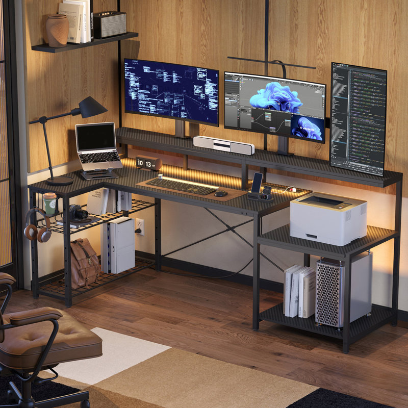 181Cm Rectangular Computer Desk with Power Outlets, L Shaped LED Office Desk with Long Monitor Stand, Black