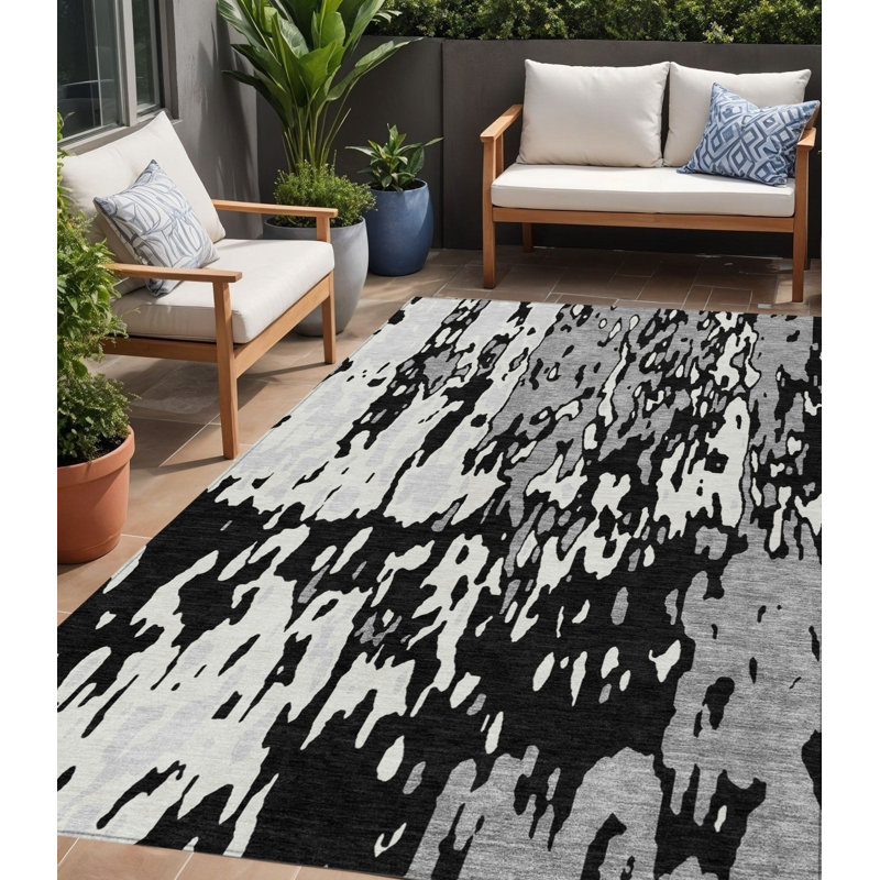 Tapis extérieur lavable abstrait noir et ivoire 5 pi x 8 pi