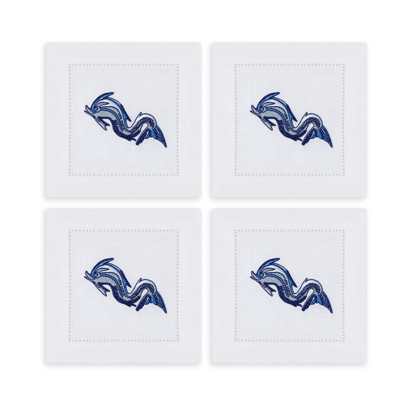 Marine Motif Embroidered Linen Cocktail Napkins