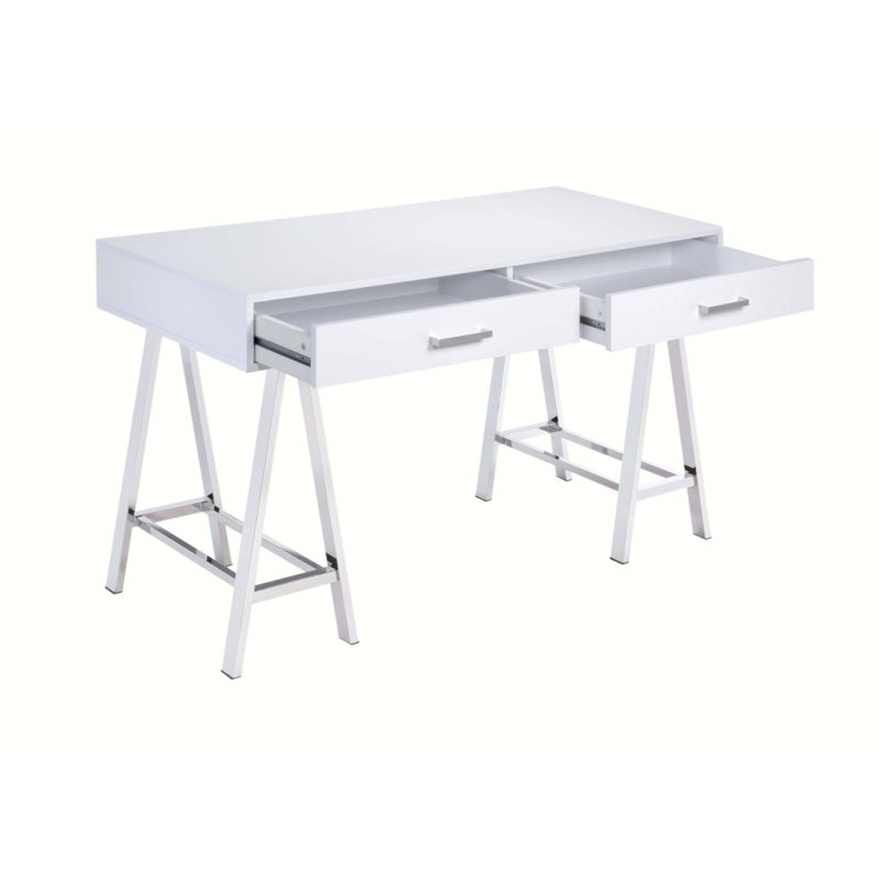 Bureau d'écriture Coleen en chrome ultrabrillant avec charge USB, beaucoup de rangement et base en métal durable pour les espaces de travail modernes