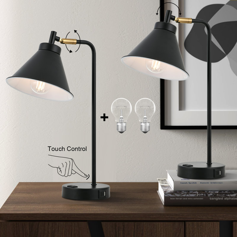 Touch Dimmable USB & Type-C & AC Outlet Industrial Metal Desk Lamp with Bulb, Black