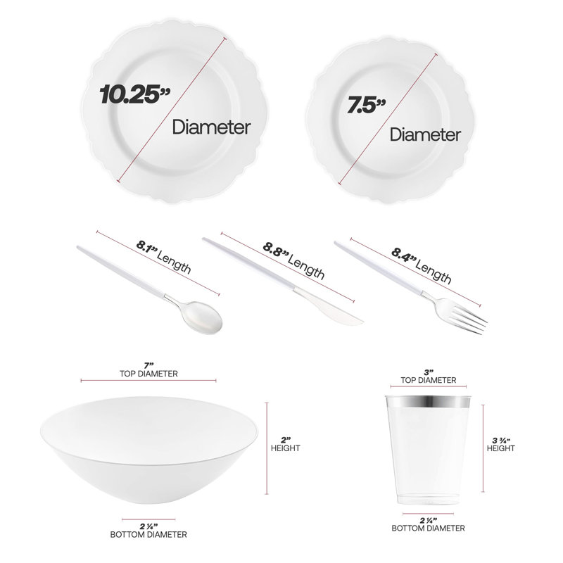 Service de vaisselle jetable en plastique blanc avec bordure argentée à motifs floraux - 120 couverts