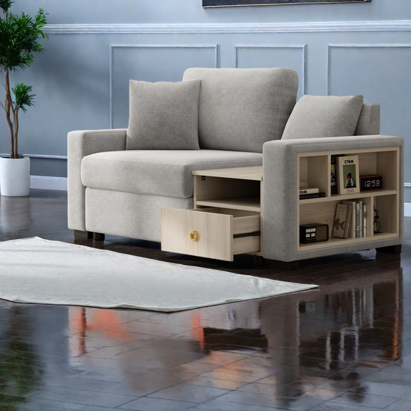 Modern Grey Chenille Sofa With Storage Armrest