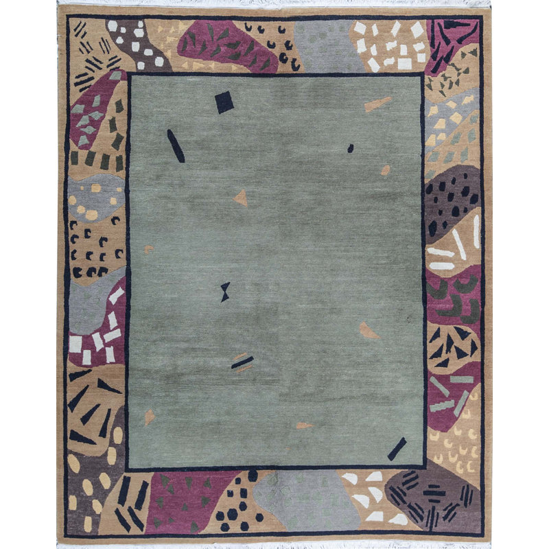 Tapis vert et brun noué à la main de haute qualité