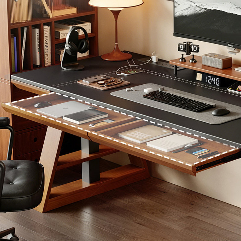 Bureau rectangulaire en bois massif avec 2 tiroirs, 25.59" H x 70.87" W x 31.5" D, Walnut