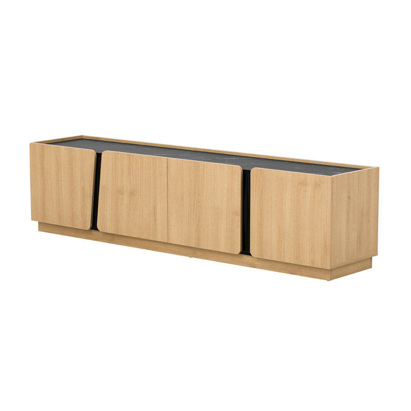 Armoire de rangement moderne U-Can avec coins arrondis, plateau contrastant en marbre et tablettes intérieures réglables, Oak