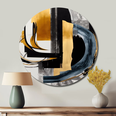 Glam doré et expression noire II - Art abstrait rond en métal
