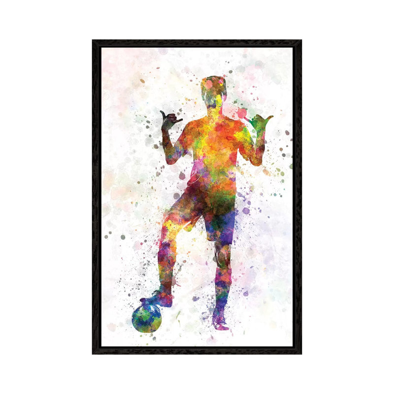 Soccer Football Player Young Man Saluting by Paul Rommer - Floater Frame Gallery-Wrapped Canvas Giclée on Canvas, Black 