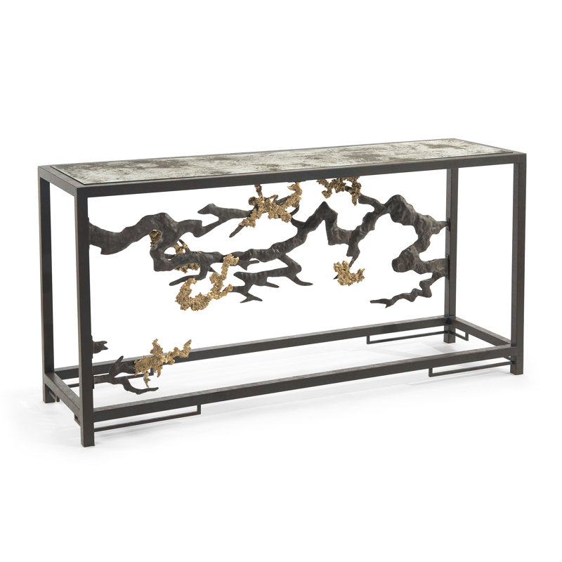 60'' Antique Brass and Glass Console Table with Storage