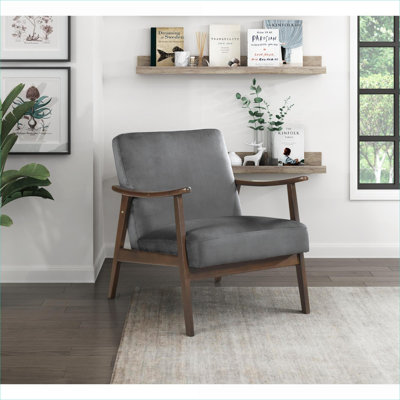 Fauteuil d'appoint de luxe Mid-Century, revêtement en velours gris ardoise avec structure en bois de noyer foncé