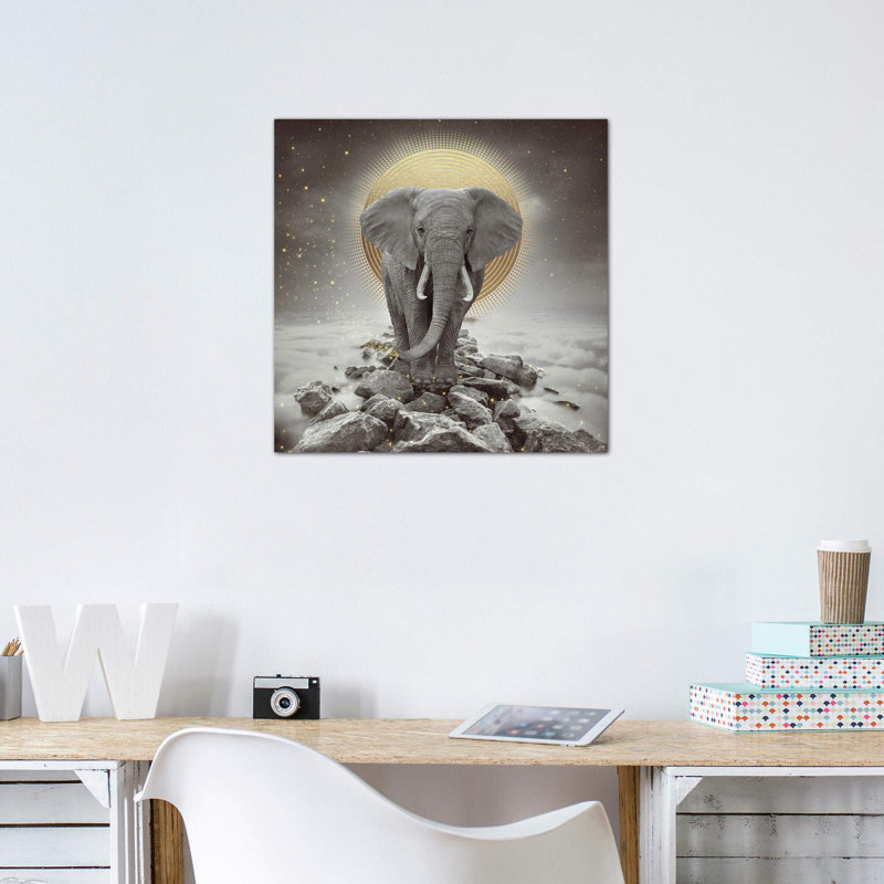 «Elephant - on Rocks Stay Gold» par Soaring Anchor Designs - impression d'art graphique, H 26 po x l 26 po x P 1,5 po