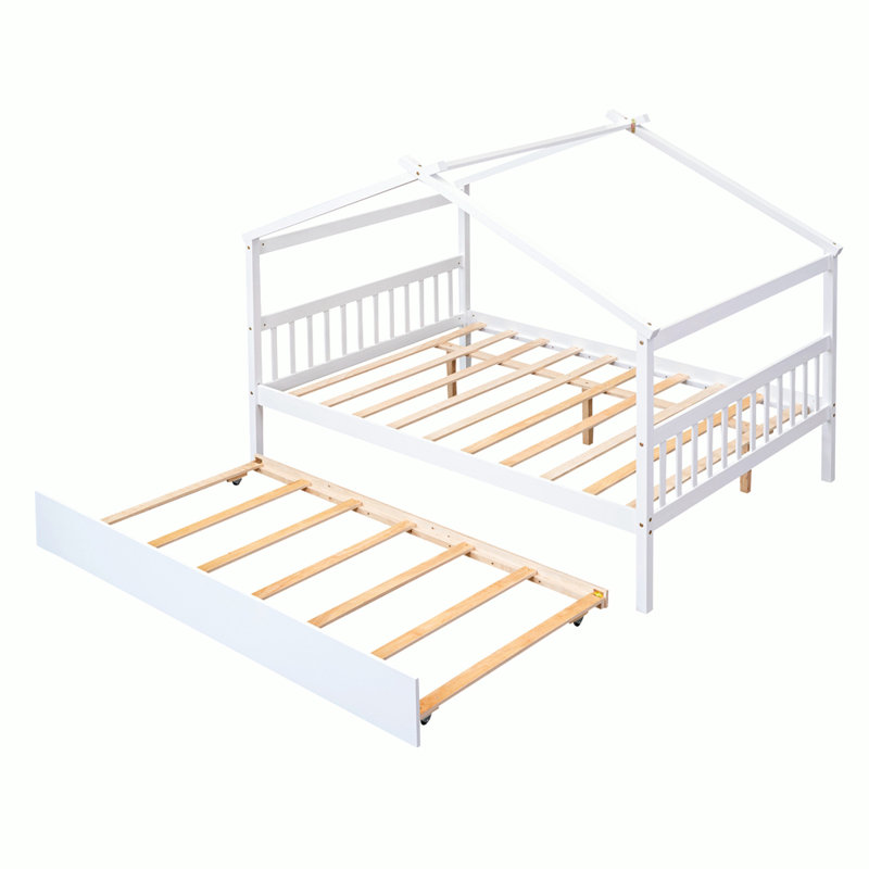 Annais Wooden House Bed with Trundle, Full, White